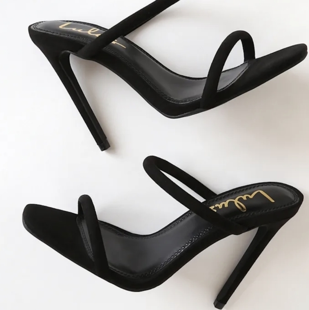 NIB Lulus Theyaa Black Suede Square Toe High Heel Sandal